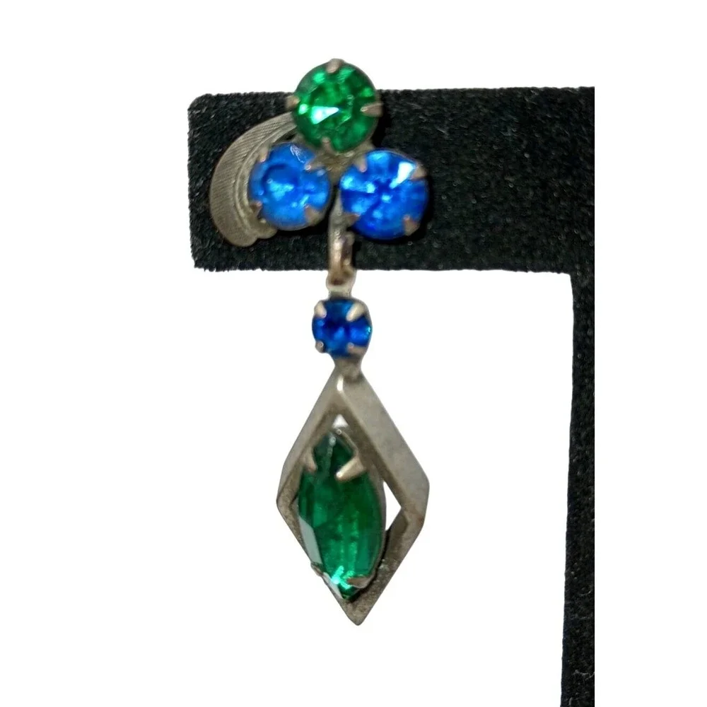Vintage Rhinestone Dangle Earrings Blue Green Drop Clip-On‎ Jewelry